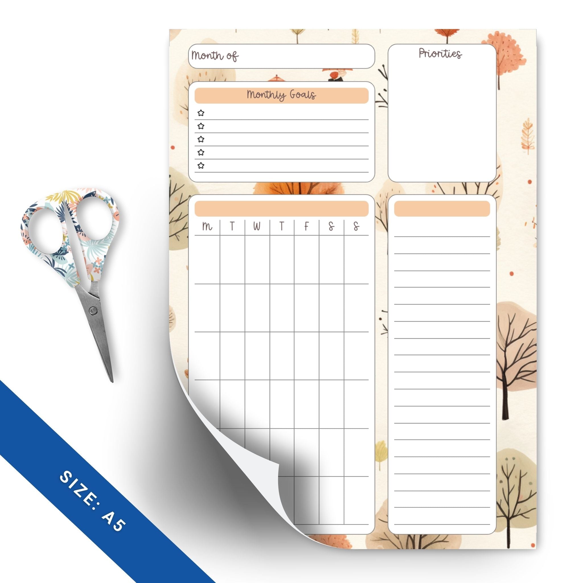 Autumn-themed monthly planner insert design
