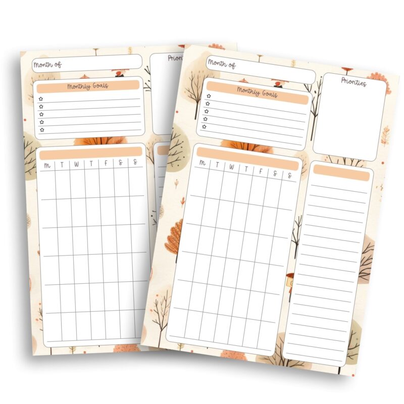 Printable Fall Monthly Calendar pages
