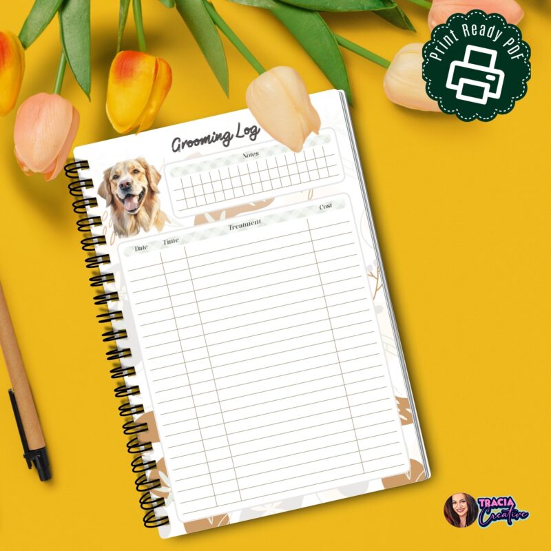 Close-up of Dog Grooming Log open to a filled-out page, showing sections for date, treatment, and notes.