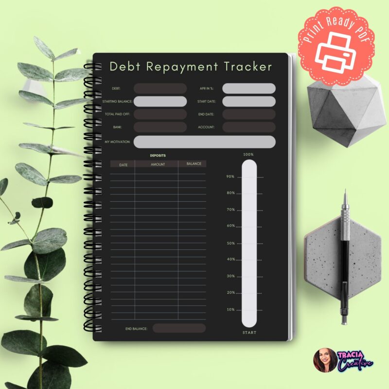 Debt Repayment Tracker A4 showing balance and interest rate sections.