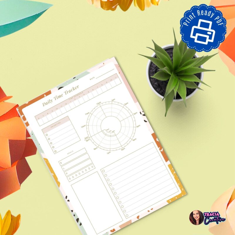 Daily Time Tracker PDF showing time tracking section.