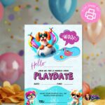 Printable Dog Pool Party Invitation with happy dogs splashing