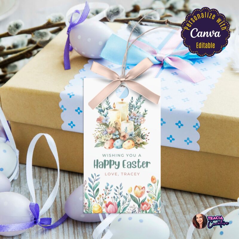 Editable Canva Easter tag with candles and flowers