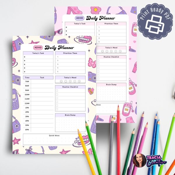 ADHD daily planner A5 PDF pink and cream