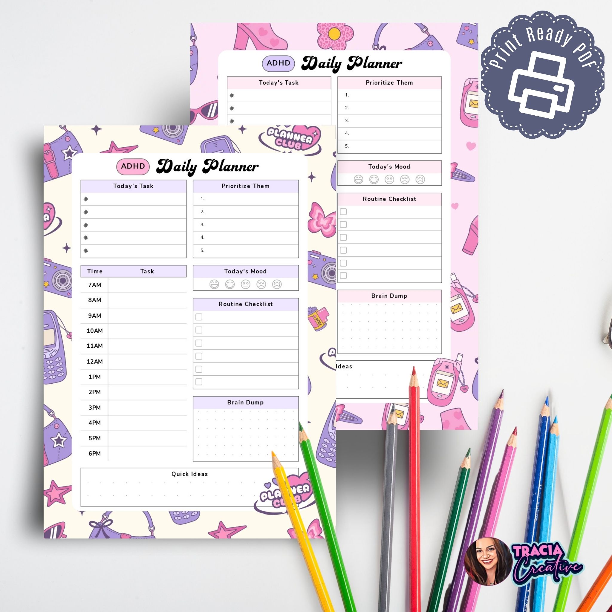 ADHD daily planner A5 PDF pink and cream
