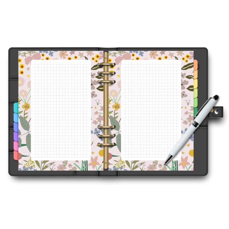 Flat lay of garden grid paper next to pen and cup