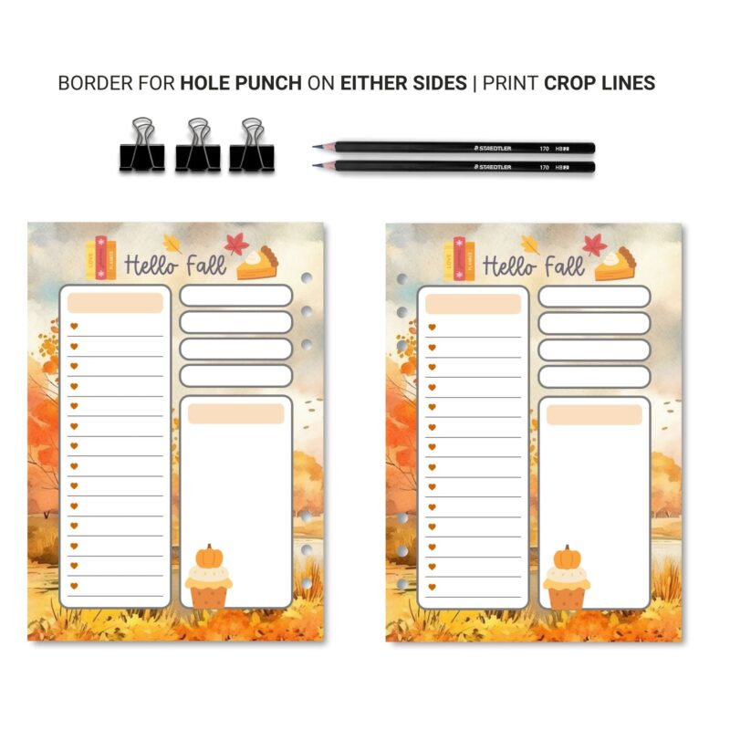 Flat lay of printed fall notepad on desk with mug