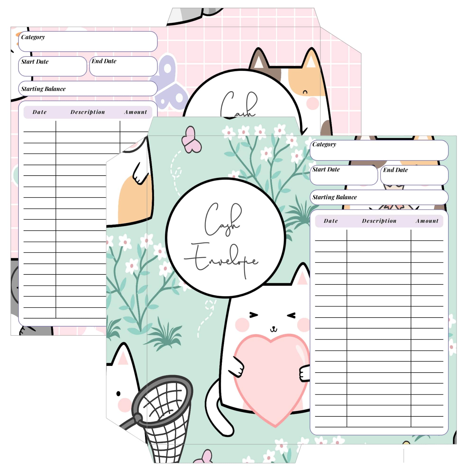 Kids printable cash envelope cat theme