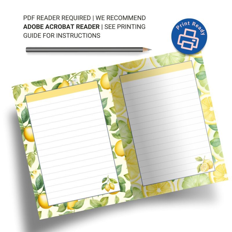 Cute lemon note pages flat lay with pen