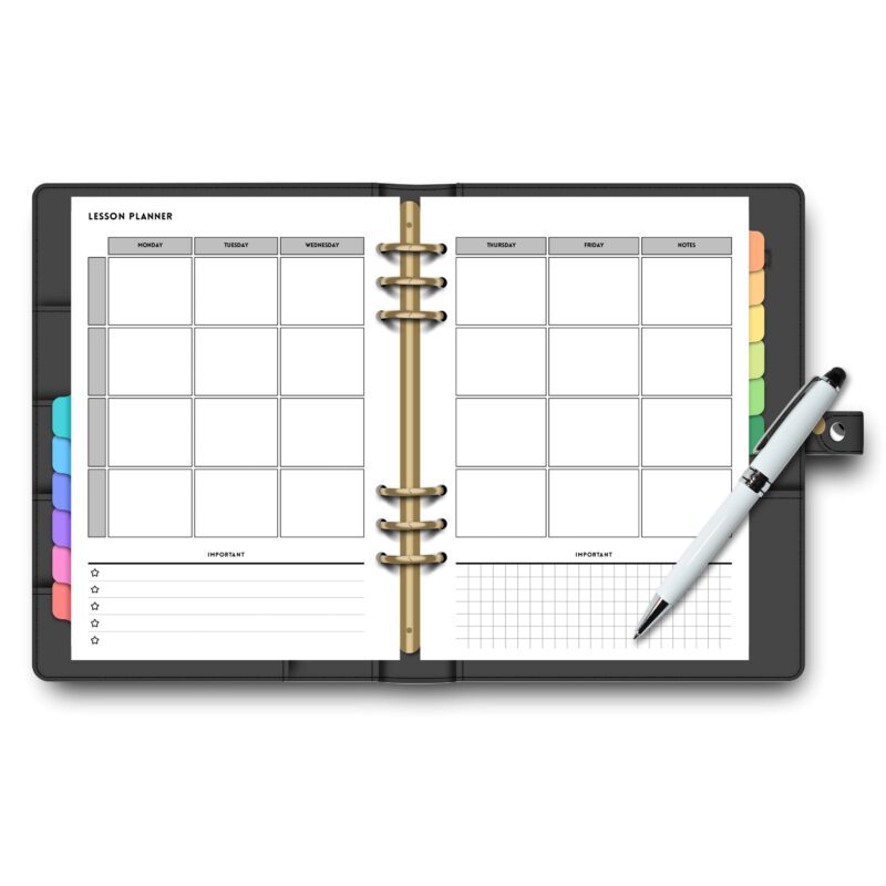 Flat lay of printed teacher planner on desk