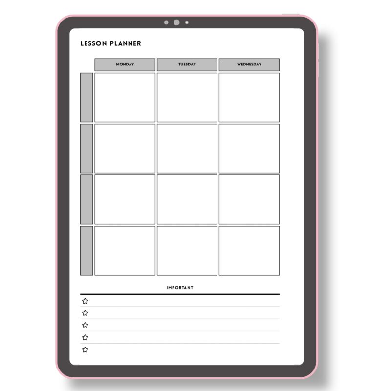 Weekly planning sheet with Monday-Friday layout