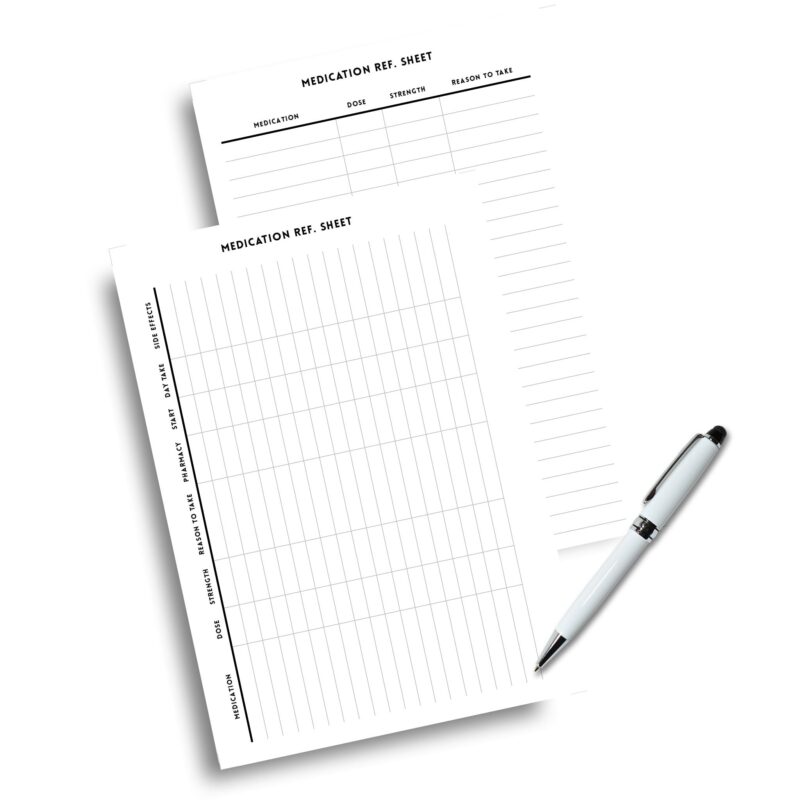 Minimalist medication planner with dose and side effect columns