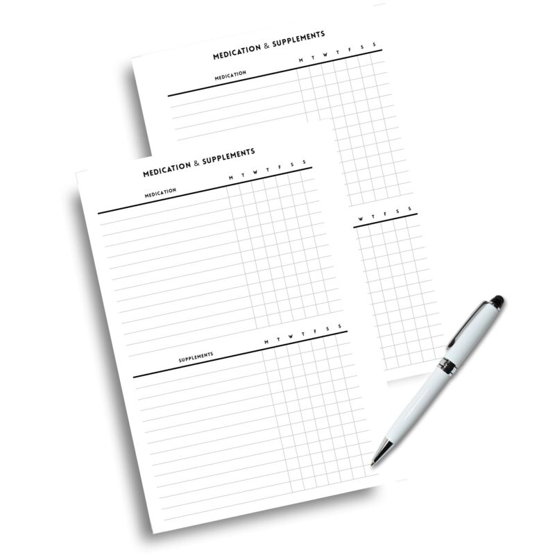 A5 med and supplement tracker in clean layout
