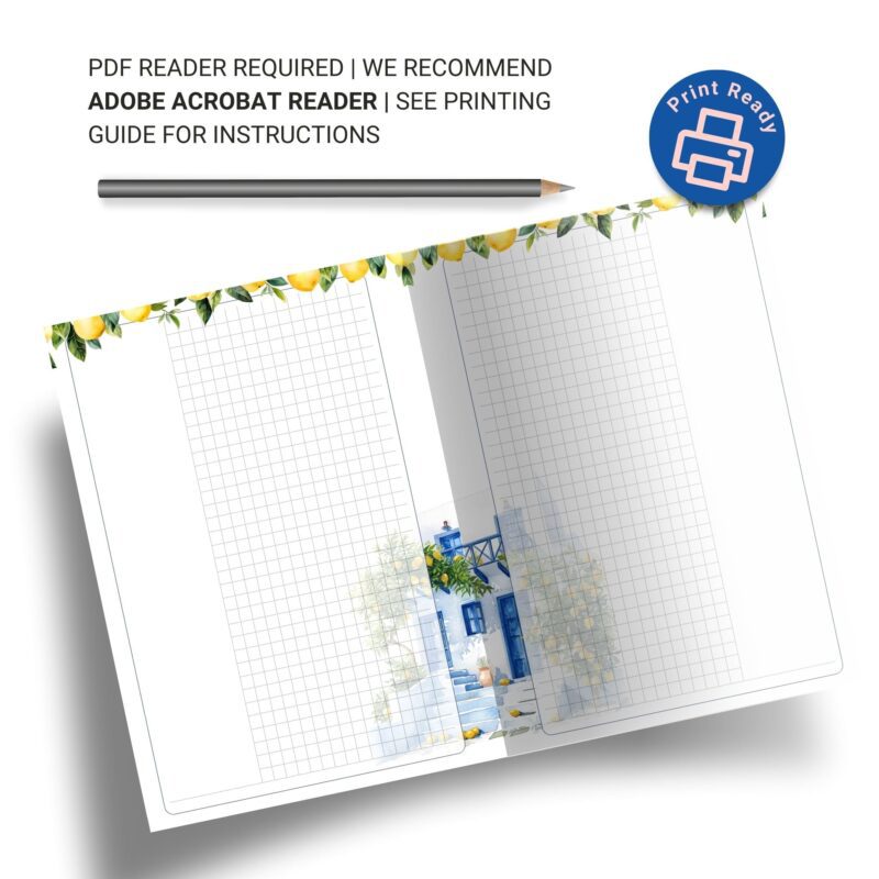 Planner desk flat lay with Mediterranean printables