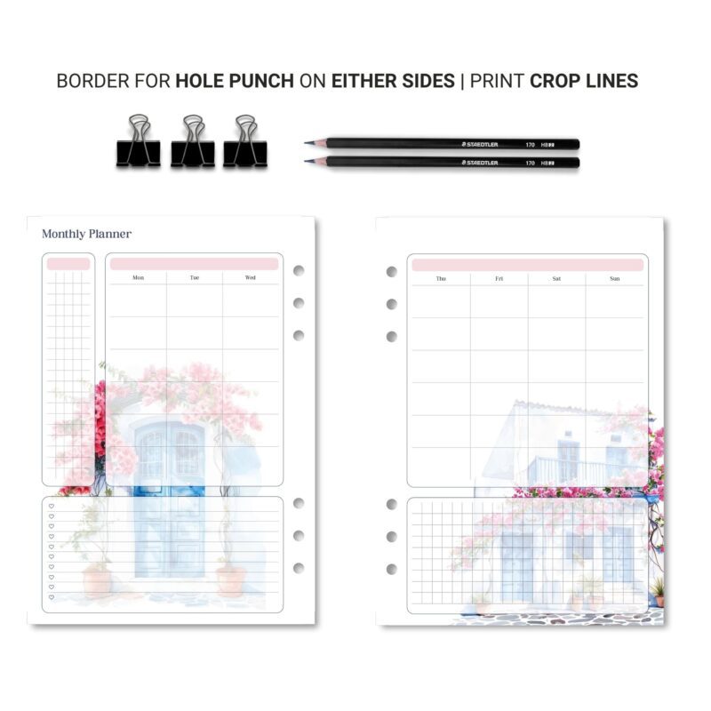 Planner desk setup with Mediterranean calendar pages
