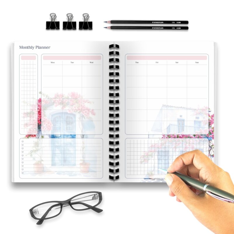 Monthly overview insert with blue floral border