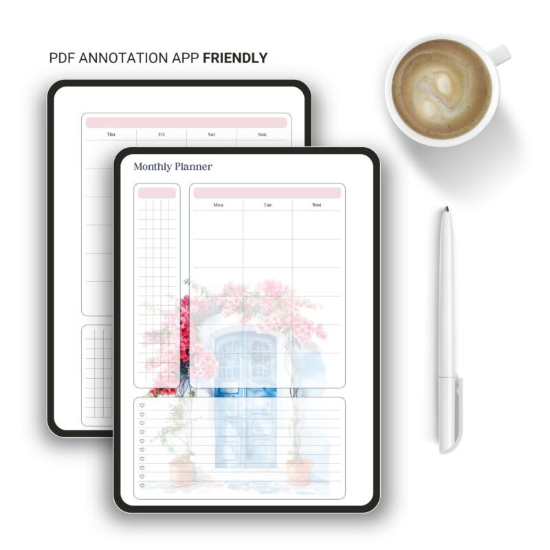 Two-page calendar planner with floral edges