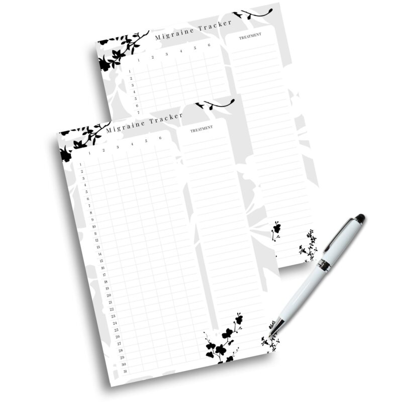 Migraine journal page in black-and-white layout