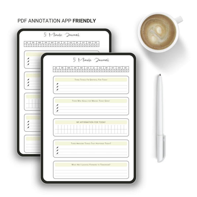 A5 5 Minute Journal Printable on desk
