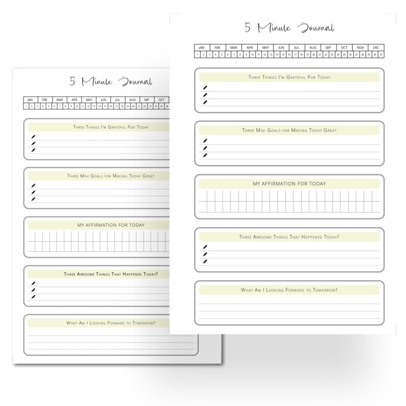 Flat lay of 5 Minute Journal pages with planner supplies