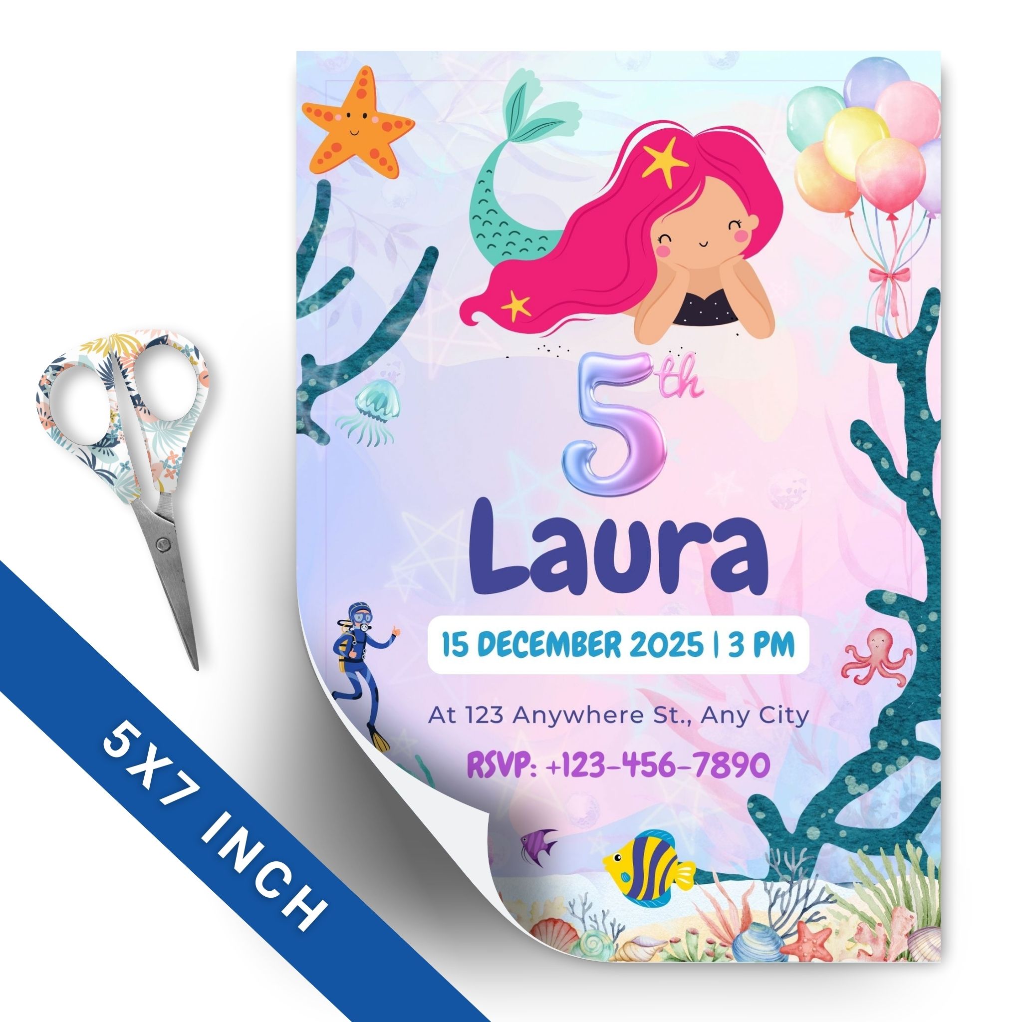 5x7 kids birthday party invite with sea design