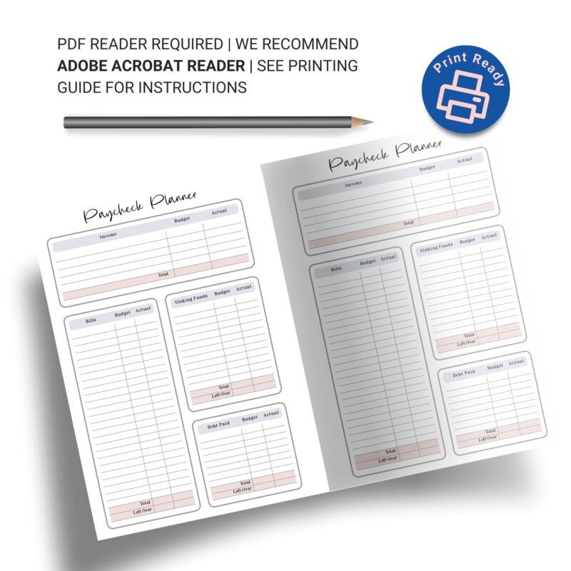 Flat lay of Paycheck Planner PDF with notes and pen