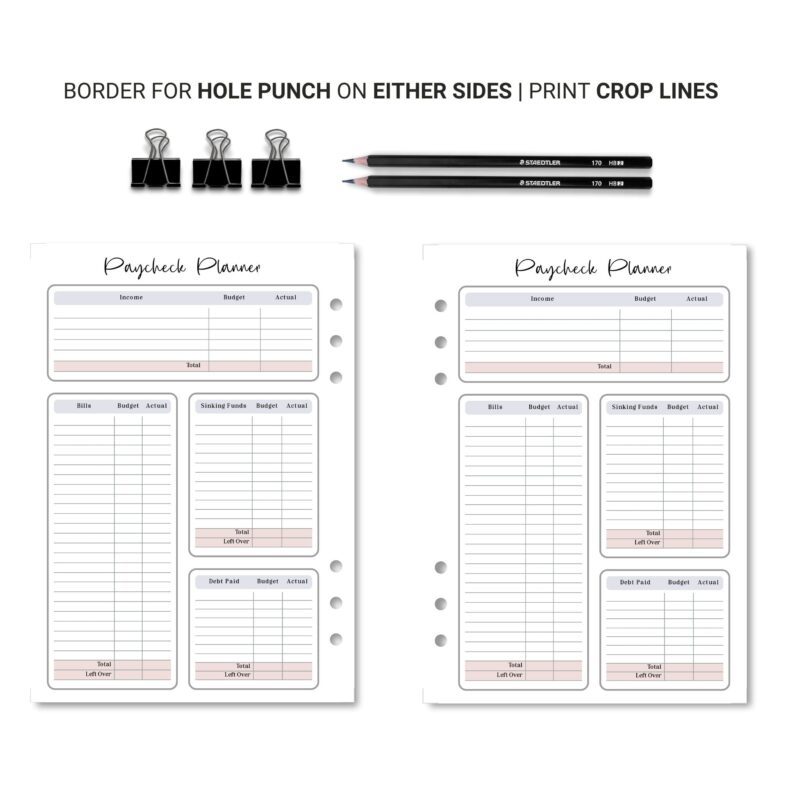 Paycheck Planner insert with printed binder pages