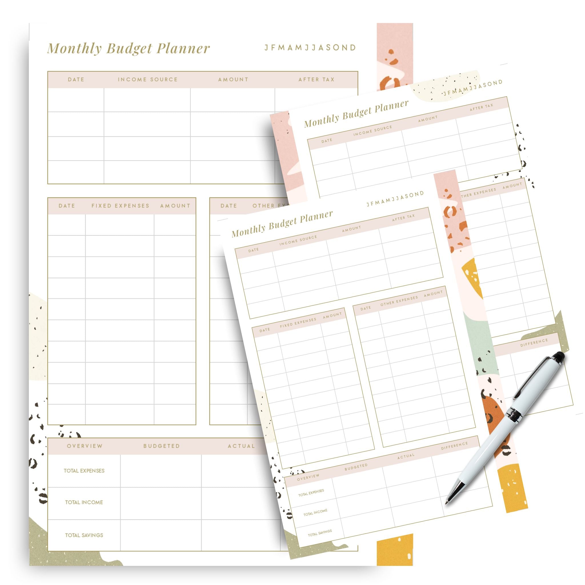 Two-page monthly budgeting layout with income and savings