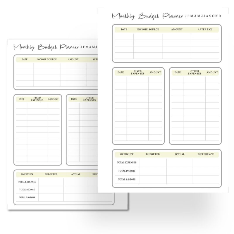Printable monthly budget tool in minimalist format