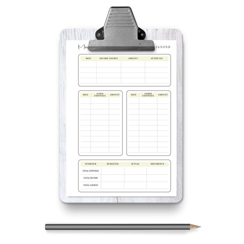 Simple budget tracker printable on desk with notebook