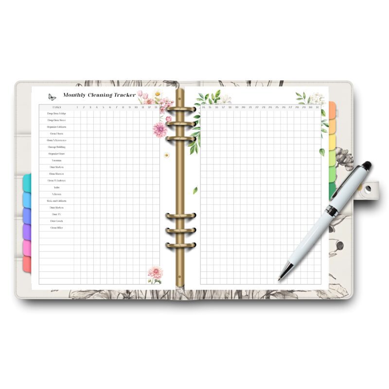Flat lay of cleaning planner insert on desk