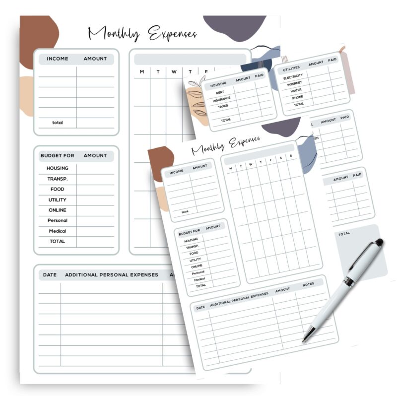 Two-page budget insert with income and expenses
