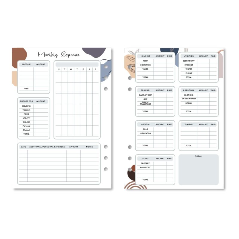 Budget tracking insert placed in daily planner