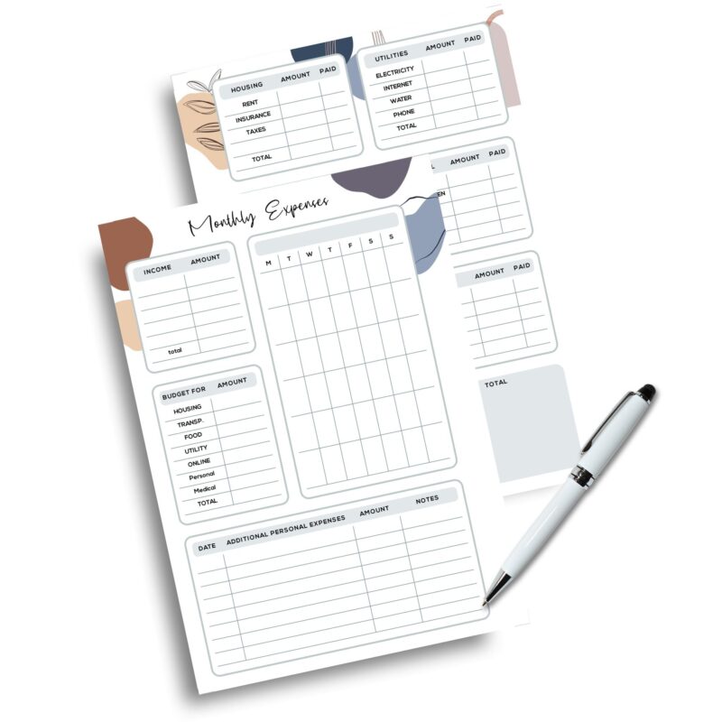 Clean monthly planning sheet for household costs
