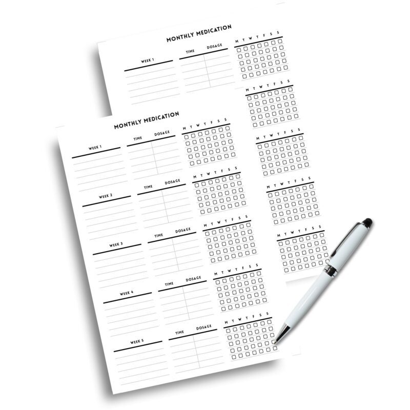 Two-layout printable for monthly medication tracking