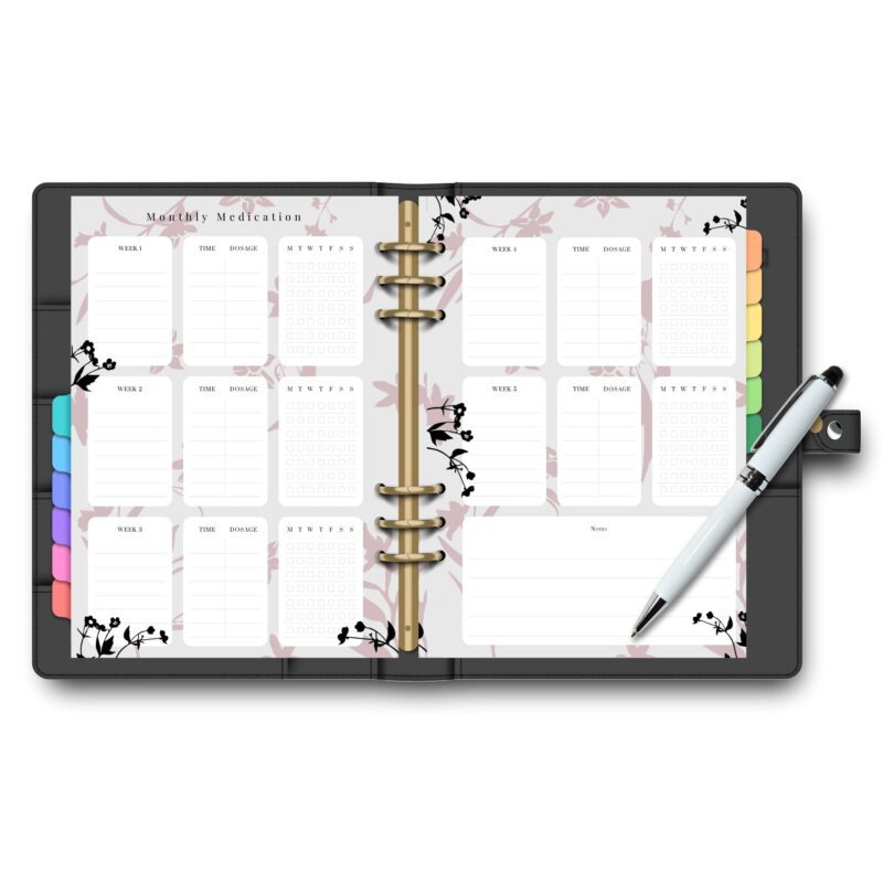 Printable silhouette-themed medication planner insert