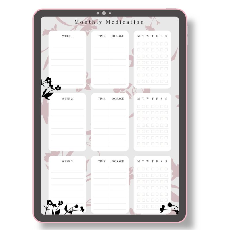Daily health tracking sheet for meds and supplements
