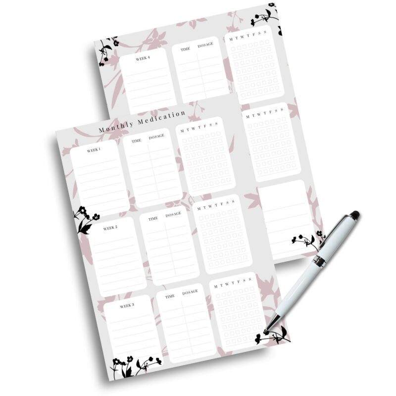 Medication tracker A5 insert with times and dosage sections