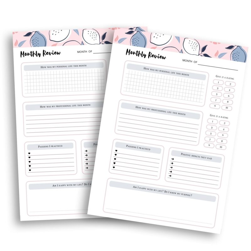 Minimalist monthly goals and reflection planner page