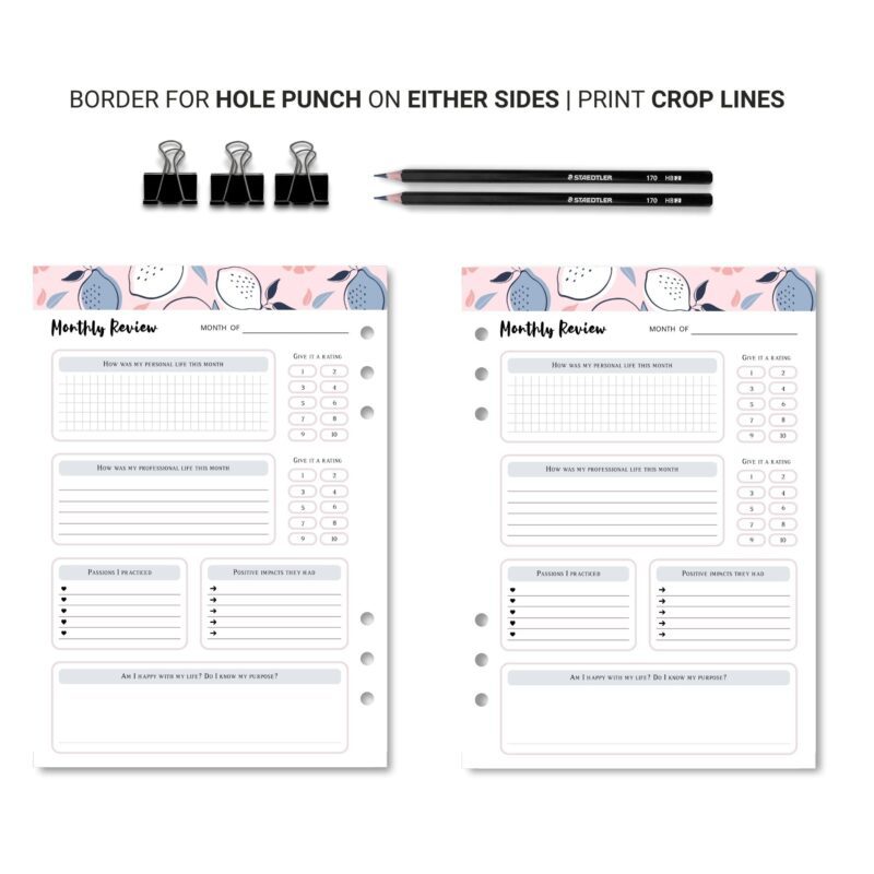 Flat lay of planner insert with monthly reflections