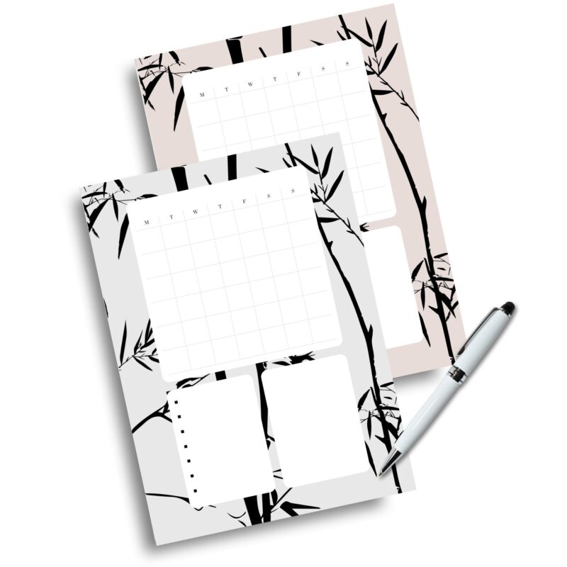 Black and white silhouette-themed monthly planner page