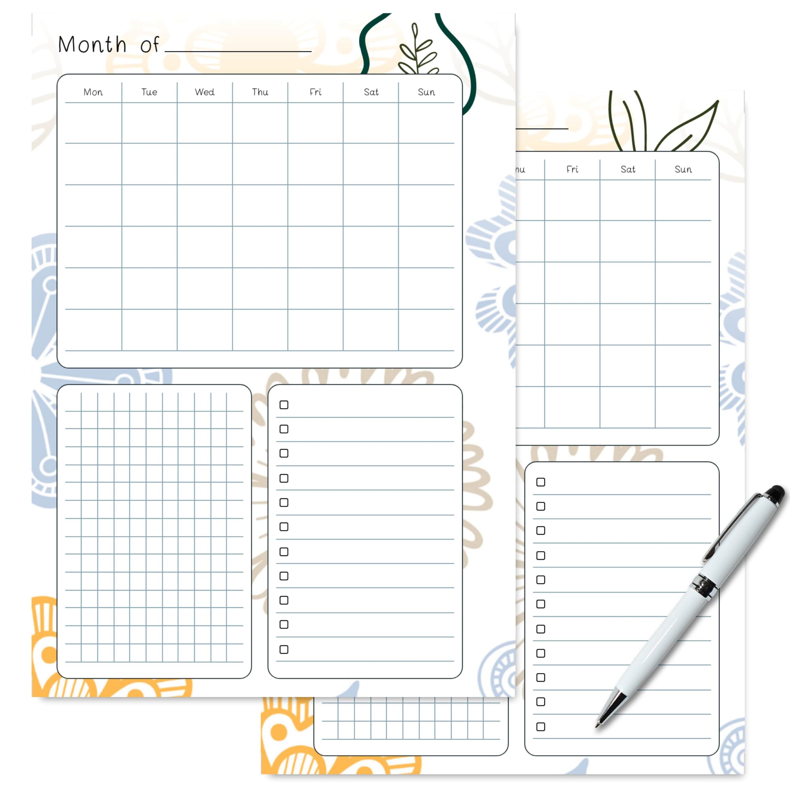 Floral seasonal monthly calendar page PDF