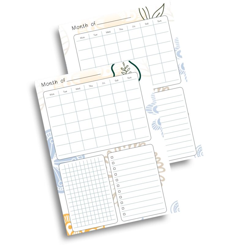 Two-page printable monthly planning sheet A5