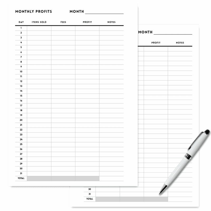 PDF profit tracker with income and expense fields