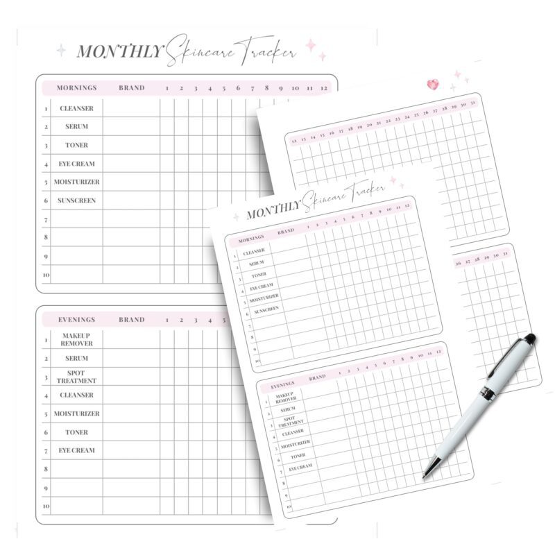 Two-page skincare routine tracker insert
