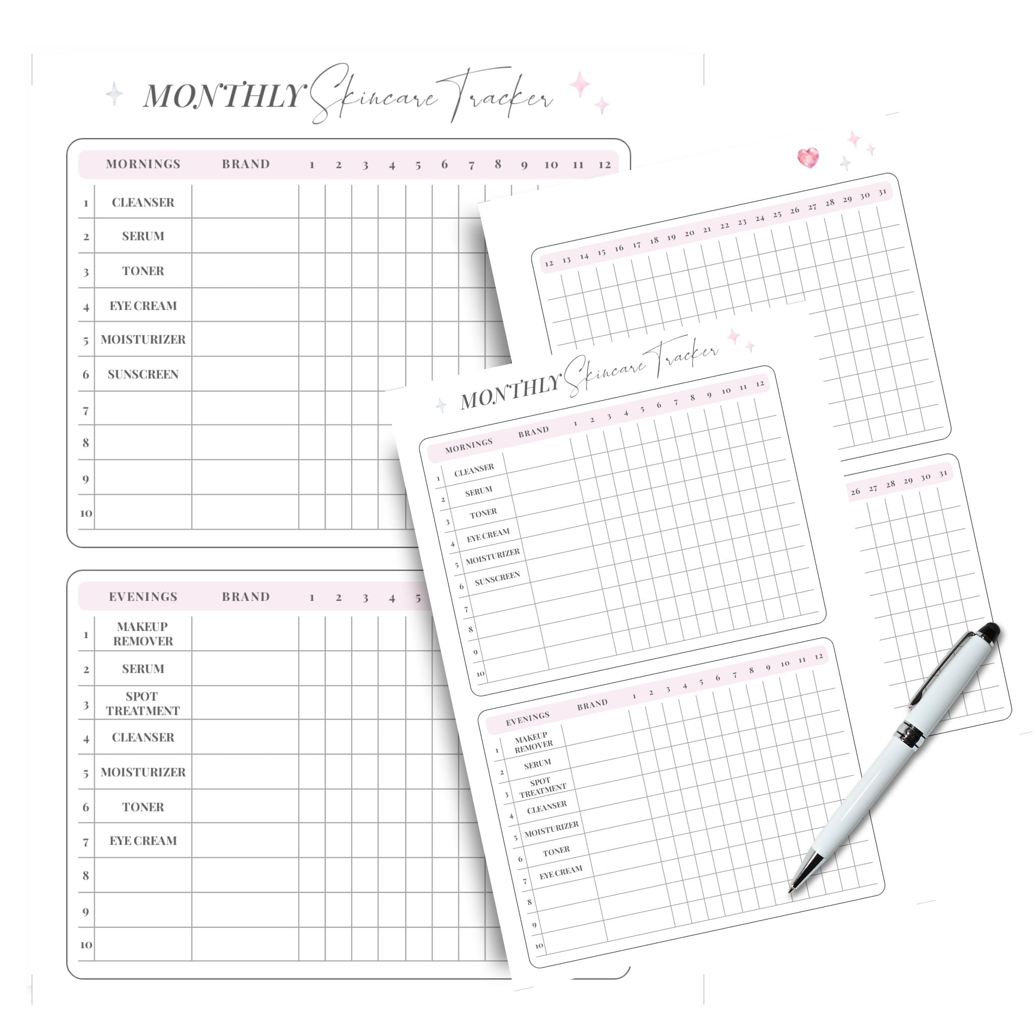 Two-page skincare routine tracker insert