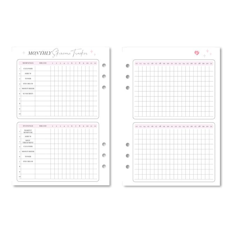 Flat lay of skincare tracker in planner