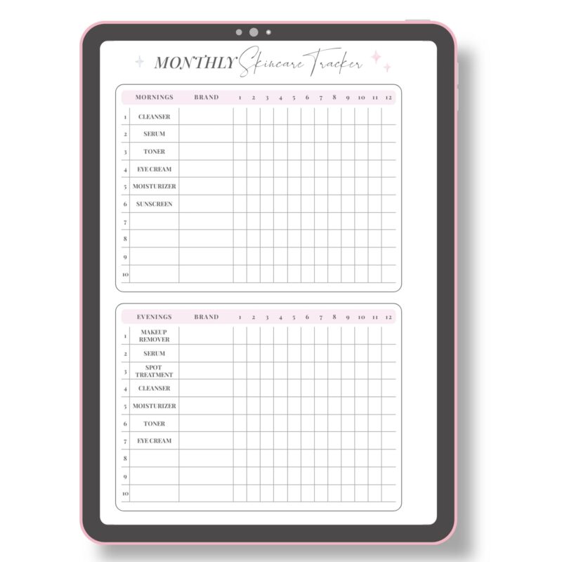 Printable skincare journal page with AM PM sections