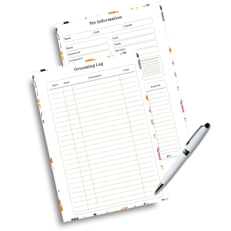 Grooming and flea tick prevention pages in Pet Planner Bundle
