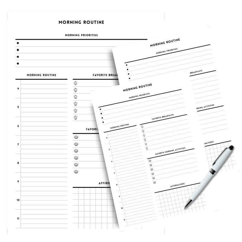 Two-page morning routine tracker with breakfast log